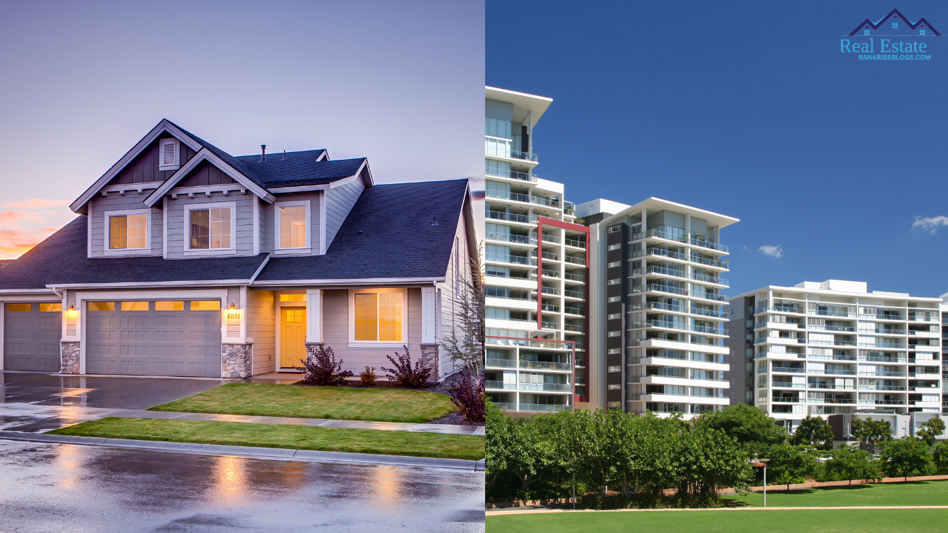 Image showing a suburban house and high-rise apartment buildings side by side, representing different types of real estate properties, including residential and commercial options. Ideal for websites discussing types of real estate property.