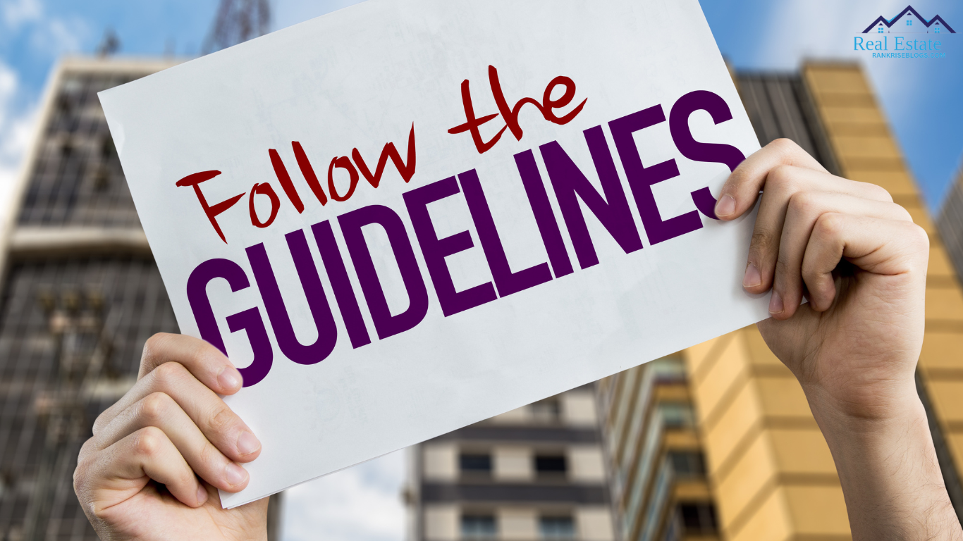 Hands holding a sign that says 'Follow the Guidelines' with a background of buildings, emphasizing property investment guidelines.